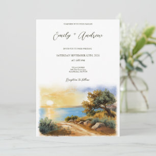 Coast Watercolor Sunset Mediterranean Half Wedding Invitation