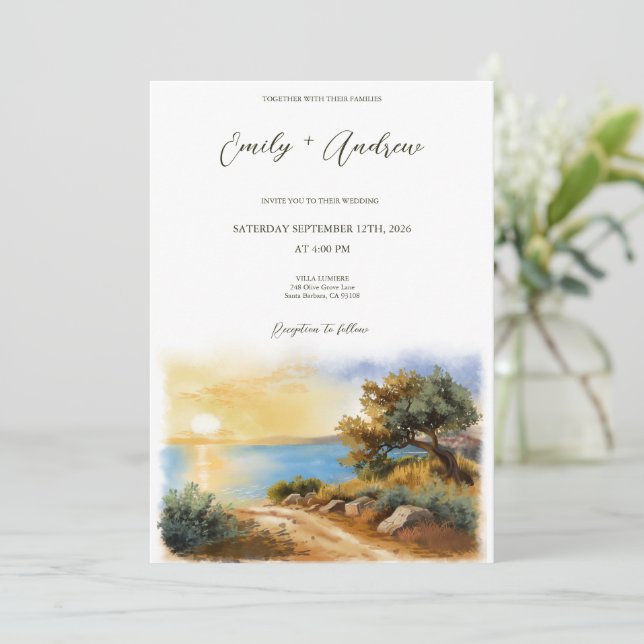 Coast Watercolor Sunset Mediterranean Half Wedding Invitation (Standing Front)