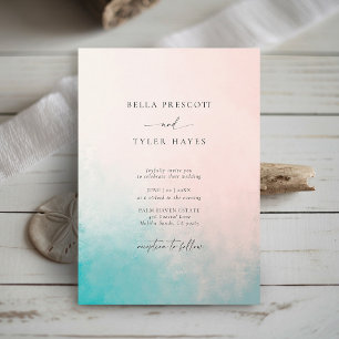 Coastal Abstract Coral Blue Ocean Elegant Wedding Invitation