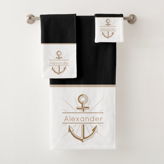 Coastal Anchor Black and White Nautical Bath Towel Set (Insitu)