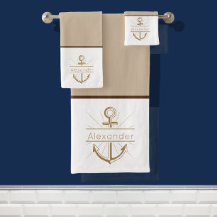 Coastal Anchor Tan Beige Nautical Bath Towel Set