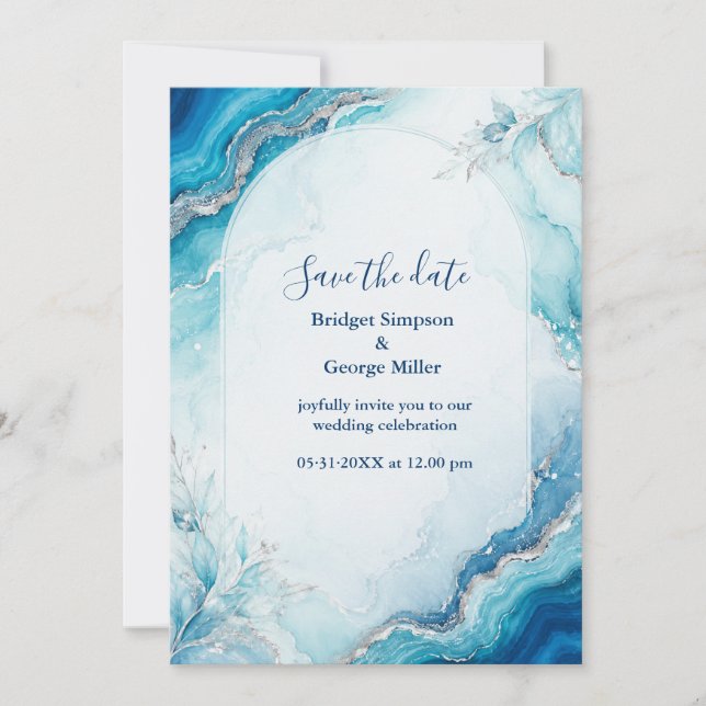Coastal Aqua Agate Luxe marble Wedding Invitation (Front)
