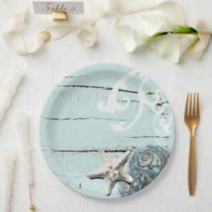 Coastal aqua blue beach wood starfish seashell paper plate