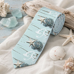 Coastal aqua blue beach wood starfish seashell tie