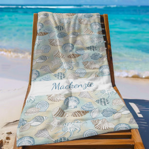 Coastal Aqua Blue Sand Seashells Personalized Beach Towel
