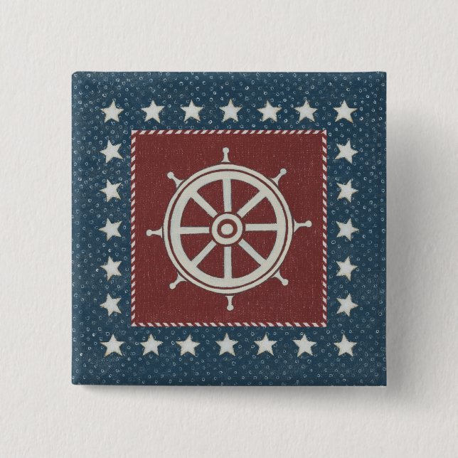 Coastal Art | Ship wheel on Red 15 Cm Square Badge (Front)