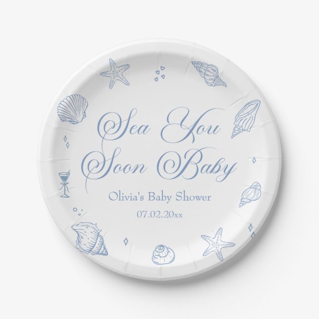 Coastal Baby Shower Sea You Soon Baby Paper Plate (Front)
