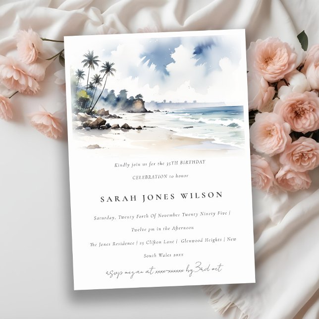 Coastal Bali Beach Palm Trees Watercolor Birthday Invitation (Creator Uploaded)
