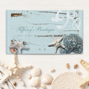 Coastal barn wood aqua blue starfish seashells business card