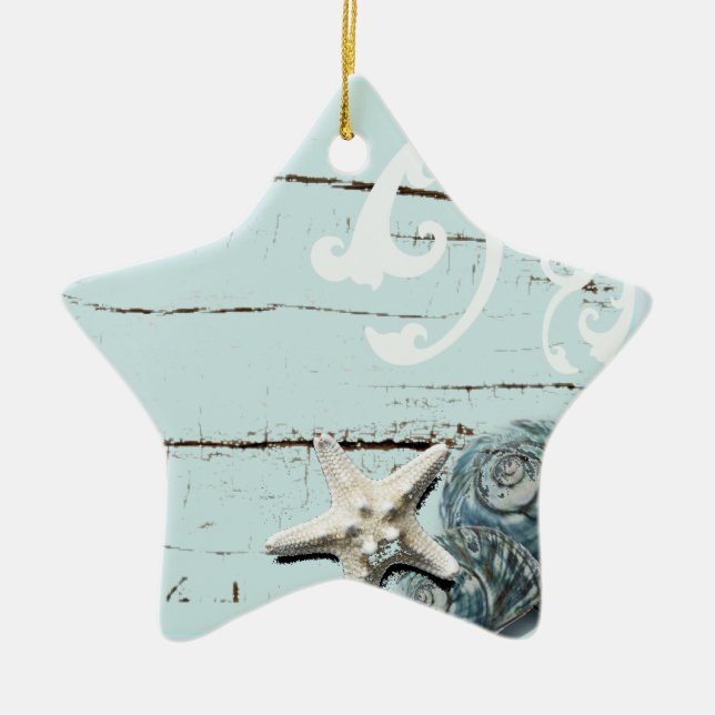 Coastal barn wood aqua blue starfish seashells ceramic tree decoration (Front)