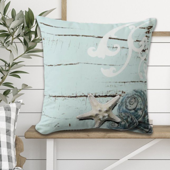Coastal barn wood aqua blue starfish seashells cushion (Coastal barn wood aqua blue starfish seashells throw pillow)