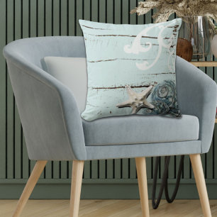 Coastal barn wood aqua blue starfish seashells cushion