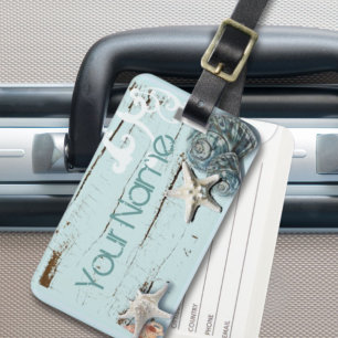 Coastal barn wood aqua blue starfish seashells luggage tag
