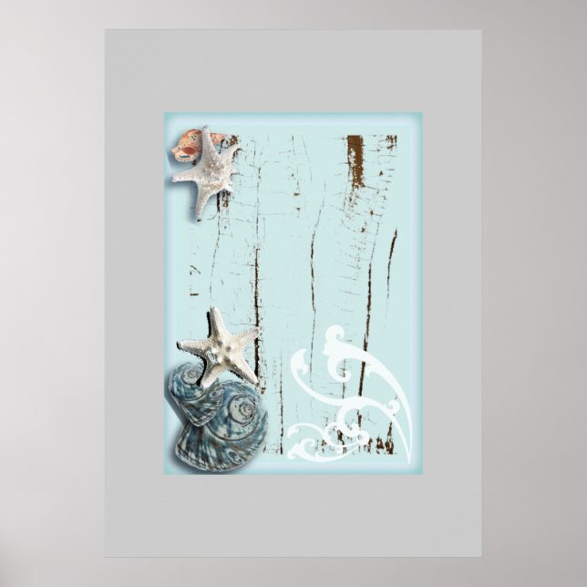 Coastal barn wood aqua blue starfish seashells poster (Front)