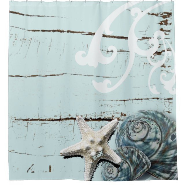 Coastal barn wood aqua blue starfish seashells shower curtain (Front)