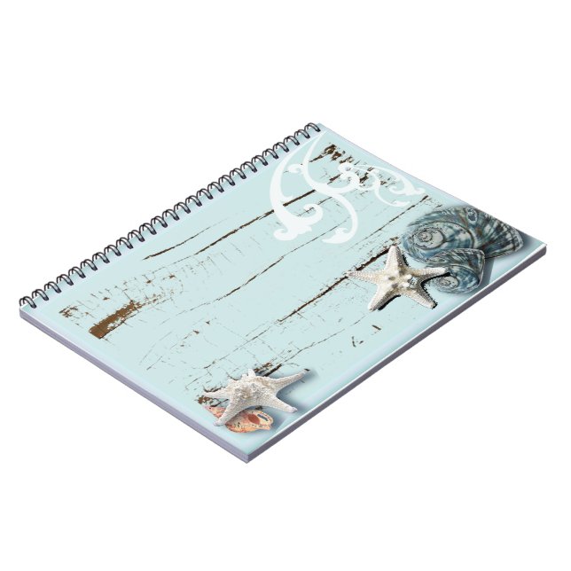 Coastal barn wood aqua blue starfish seashells spiral notebook (Left Side)