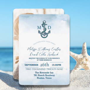 Coastal Beach Blue Anchor Nautical Photo Wedding  Invitation