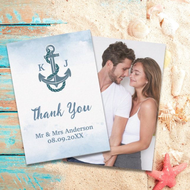 Coastal Beach Blue Anchor Nautical Wedding Photo Thank You Card (Coastal Beach Blue Anchor Nautical Wedding Photo Thank You Card)