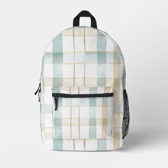 Coastal Beach Blue Cream White Plaid Stripes Printed Backpack (Front)