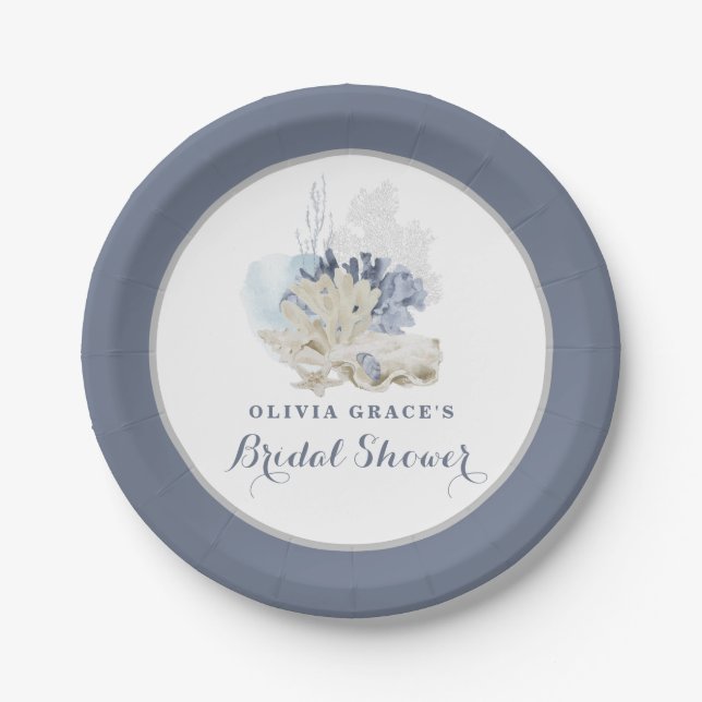 Coastal Beach blue seashell bridal shower Paper Plate (Front)