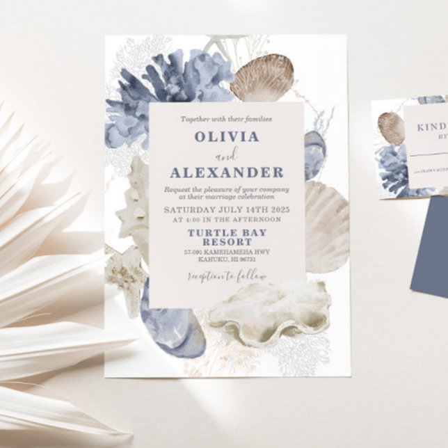 Coastal beach blue seashell wedding Invitation (Creator Uploaded)
