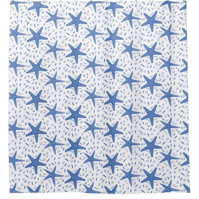 Coastal Beach Blue Starfish Pattern Shower Curtain (Front)