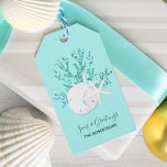 Coastal Beach Christmas Aqua Blue Gift Tags<br><div class="desc">These personalised gift tags feature a white sand dollar and 2 white starfish on glitter coral,  with an aqua blue background,  and beachy holiday message “seas & greetings.” *If you would like this design on more products or need design help,  please contact me through Zazzle Chat.</div>