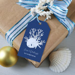Coastal Beach Christmas Navy Blue Gift Tags<br><div class="desc">These personalised gift tags feature a white sand dollar and 2 white starfish on glitter coral,  with a navy blue background,  and beachy holiday message “seas & greetings.” *If you would like this design on more products or need design help,  please contact me through Zazzle Chat.</div>