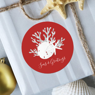 Coastal Beach Christmas Red Seas and Greetings Classic Round Sticker