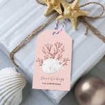 Coastal Beach Christmas Rose Gold Pink<br><div class="desc">These personalised gift tags feature a white sand dollar and 2 white starfish on rose gold glitter coral,  with a pink background,  and beachy holiday message “seas & greetings.” *If you would like this design on more products or need design help,  please contact me through Zazzle Chat.</div>