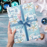 Coastal Beach Christmas SEAS & GREETINGS Wrapping Paper<br><div class="desc">Wrap your Christmas holiday gifts in coastal or beach flair using this roll of wrapping paper featuring a SEAS & GREETINGS elegant calligraphy script typography design accented with starfish in turquoise aqua blue on your choice of background colour (shown with a light blue colour). ASSISTANCE: For help with design modification...</div>