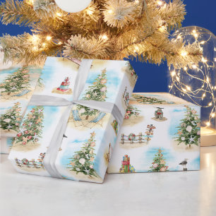 Coastal Beach Christmas Trees Wrapping Paper