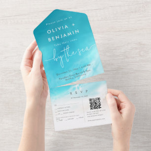 Coastal Beach Destination QR Code RSVP Wedding  All In One Invitation