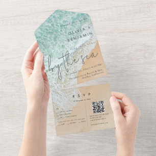 Coastal Beach Destination QR Code RSVP Wedding  All In One Invitation
