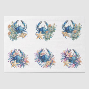 Coastal Beach Floral Blue Crab & Shells Decoupage  Tissue Paper