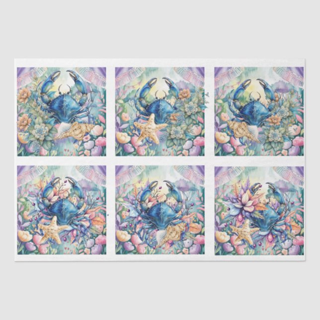 Coastal Beach Floral Blue Crab & Shells Decoupage  Tissue Paper (Front)