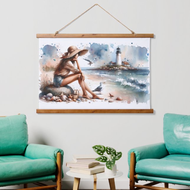 Coastal Beach Girl & Lighthouse  Hanging Tapestry (Living Room)