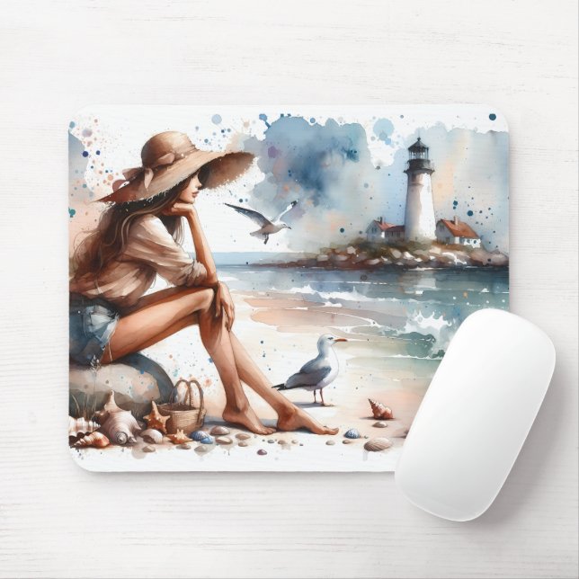 Coastal Beach Girl & Lighthouse  Mouse Pad (With Mouse)