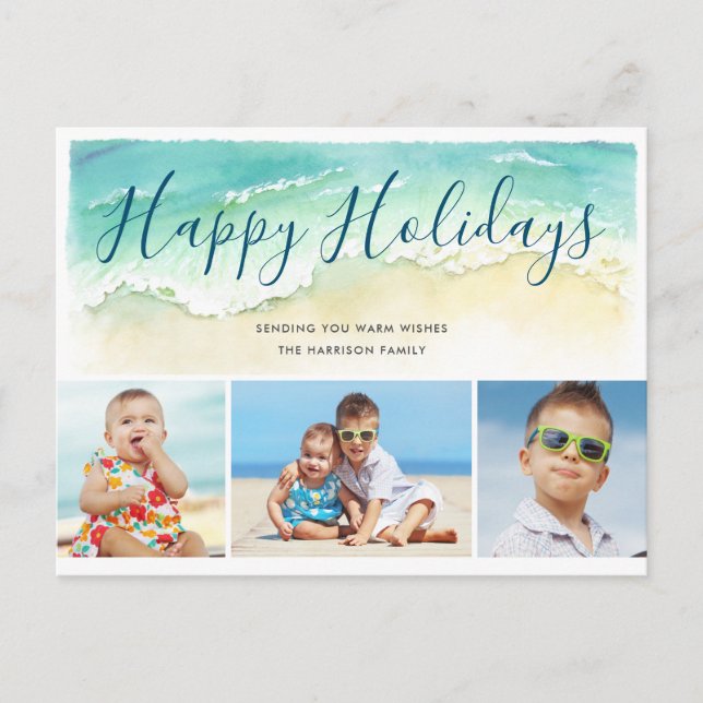 Coastal Beach Happy Holidays 3-Photo Postcard (Front)