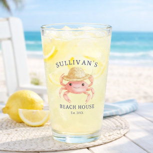Coastal Beach House Pink Crab Blue Family Name Glass