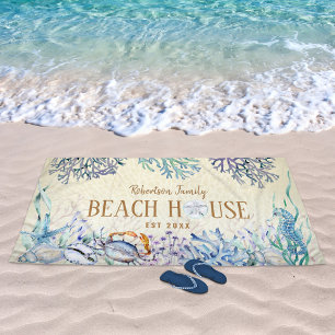 Coastal Beach House Sea Life Family Name Towel