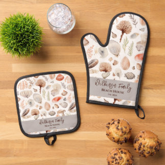 Coastal Beach House Seaside Shells Oven Mitt & Pot Holder Set