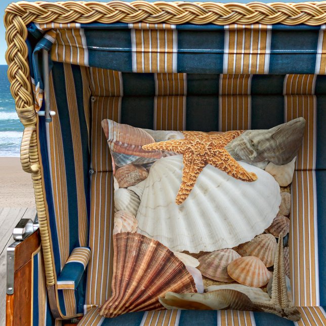 Coastal Beach House Shells Pillow (A modern design beach house pillow featuring shells and starfish)