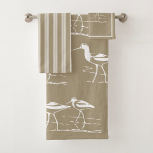 Coastal Beach House Stripes& Sandpiper Taupe Bath Towel Set