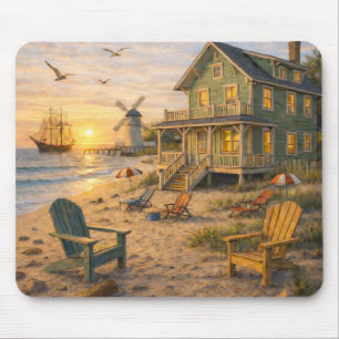 Coastal Beach House Sunset Sailing Scene Mouse Pad