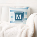 Coastal Beach Monogram Blue White Nautical Stripe Cushion<br><div class="desc">Coastal style,  nautical theme throw pillow featuring a hand-painted,  weathered,  blue and white striped pattern with a navy blue and white monogram square in the centre.  Reverse side is a solid navy blue. Perfect for coastal Christmas themed holiday decor or to add beach-y style any time of year.</div>