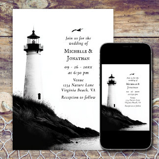 Coastal Beach Nautical Lighthouse Wedding Invitation