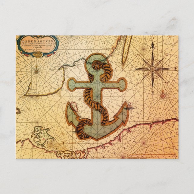 Coastal Beach Nautical Map vintage Anchor Postcard (Front)