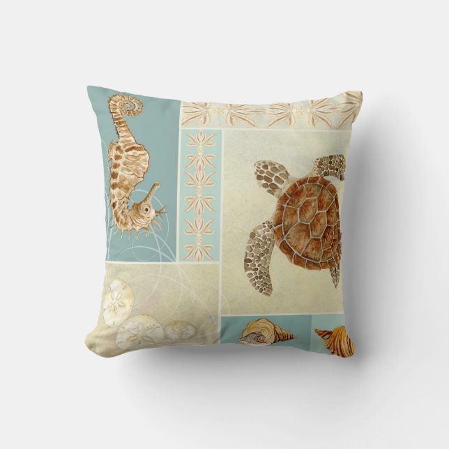 Coastal Beach Ocean Seashore Collage Sea Turtle Cushion (Front)