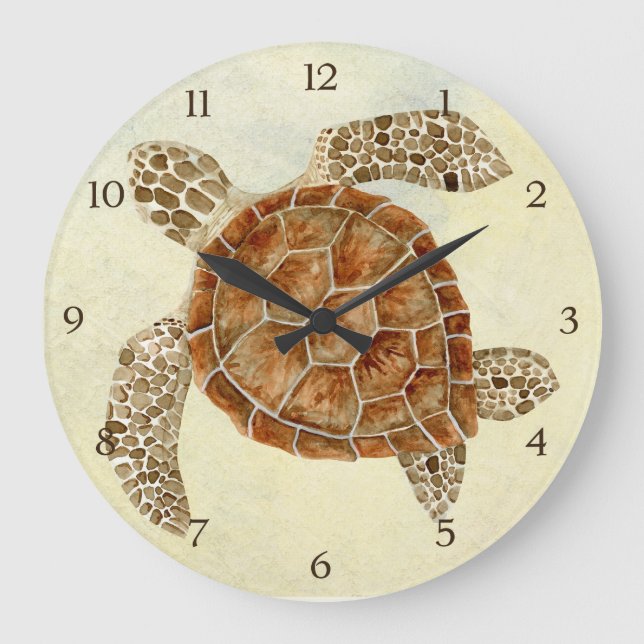 Coastal Beach Ocean Seashore Collage Sea Turtle Large Clock (Front)
